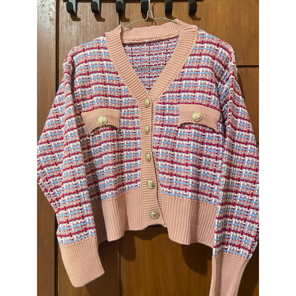 preloved cardigan rajut tweed pink