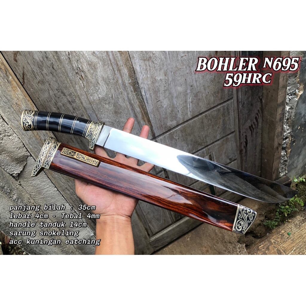 Pisau Sembelih Baja BOHLER N695 35cm 59 HRC Tajam - Sarung Kayu Snokeling, Gagang Tanduk, Fulltan di