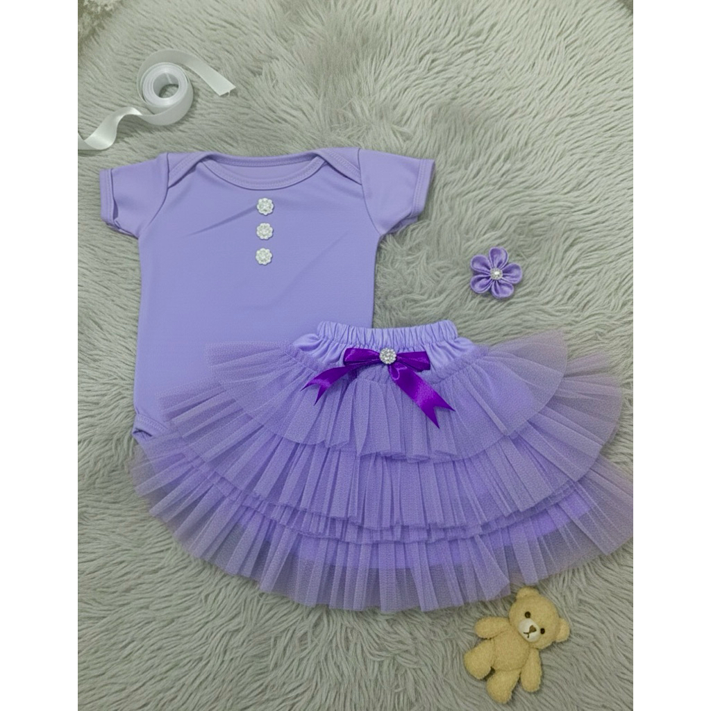 Setelan Jumpsuit Bayi Perempuan Aksen Kancing Mewah + Rok Tutu 3 Layer | Baju Pesta Bayi Newborn 0-1