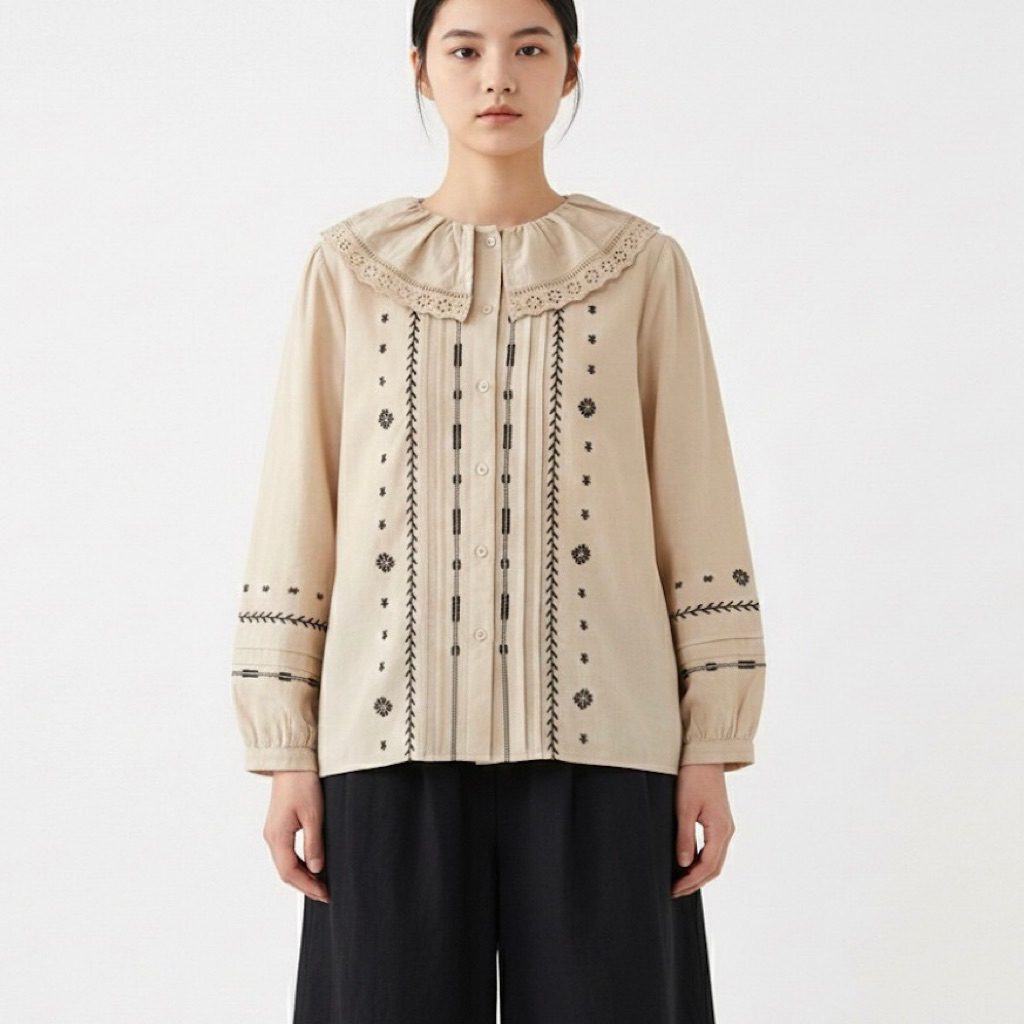 BLUS ATASAN WANITA KATUN PREMIUM COKLAT KREM KHAKI KERAH RAMPEL LACE AKSEN BORDIR HITAM LENGAN PANJA