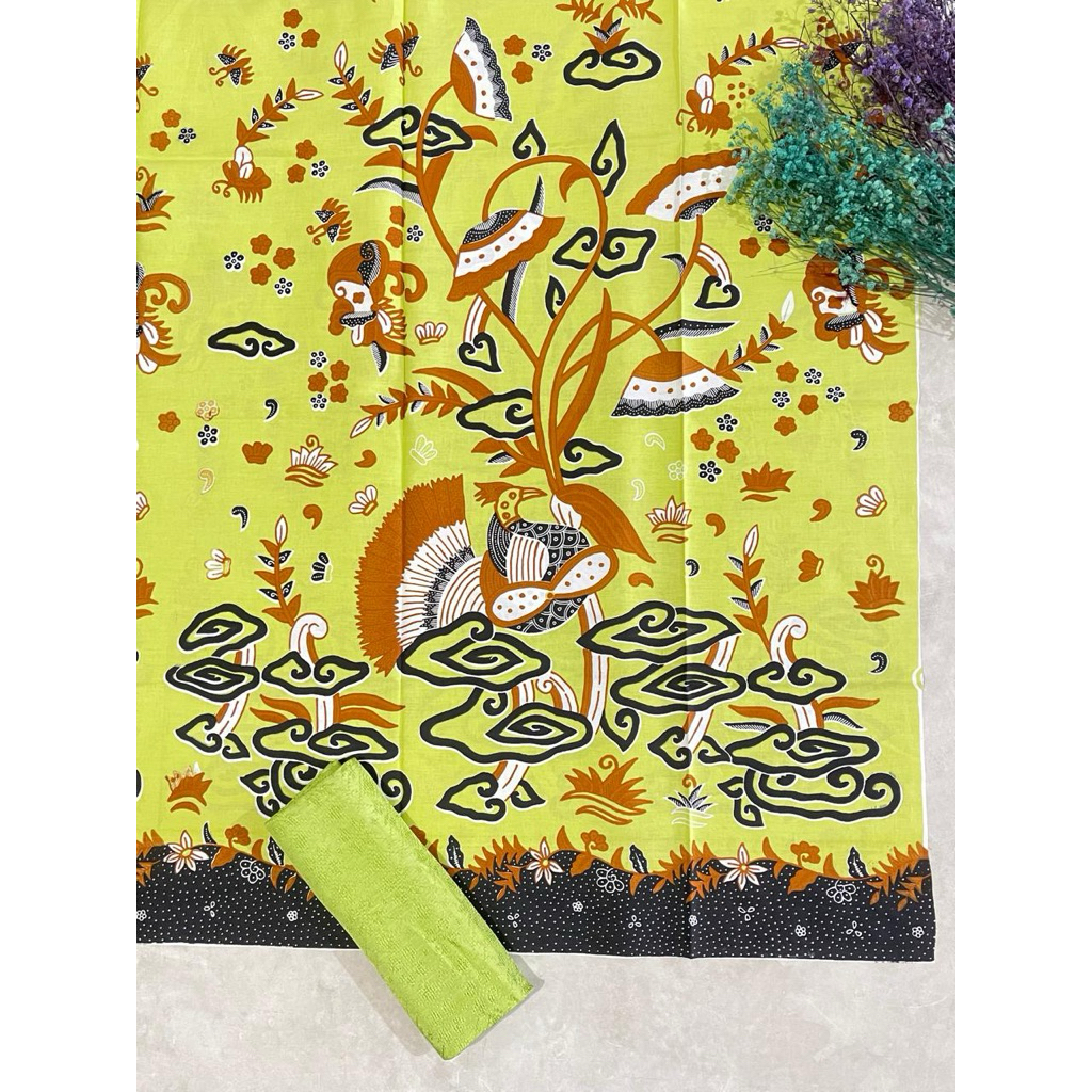 kain batik katun pastel motif burung pangkoan megamendung set viscose polos