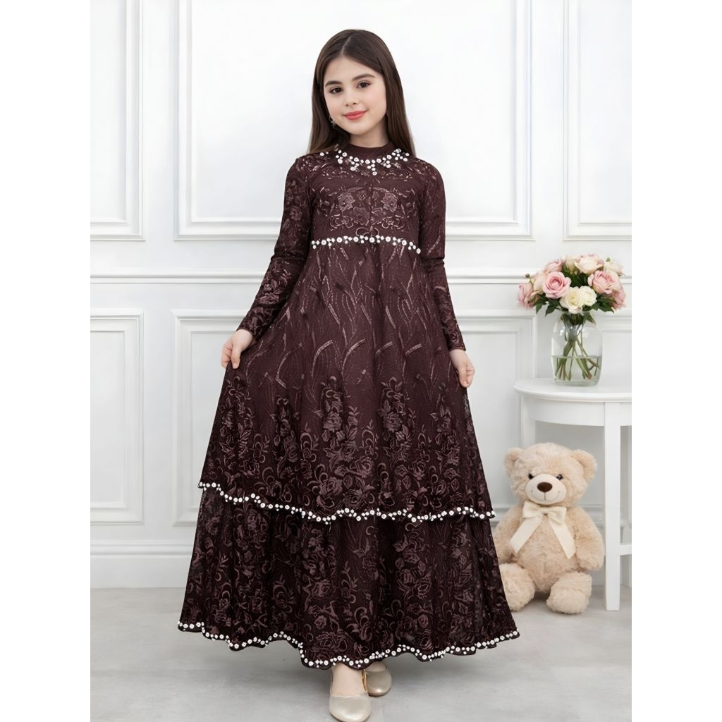 Gaun Anak Perempuan Brokat Panjang Elegant | Dress Anak Muslim Pesta Lebaran Kondangan Gamis Melayu 