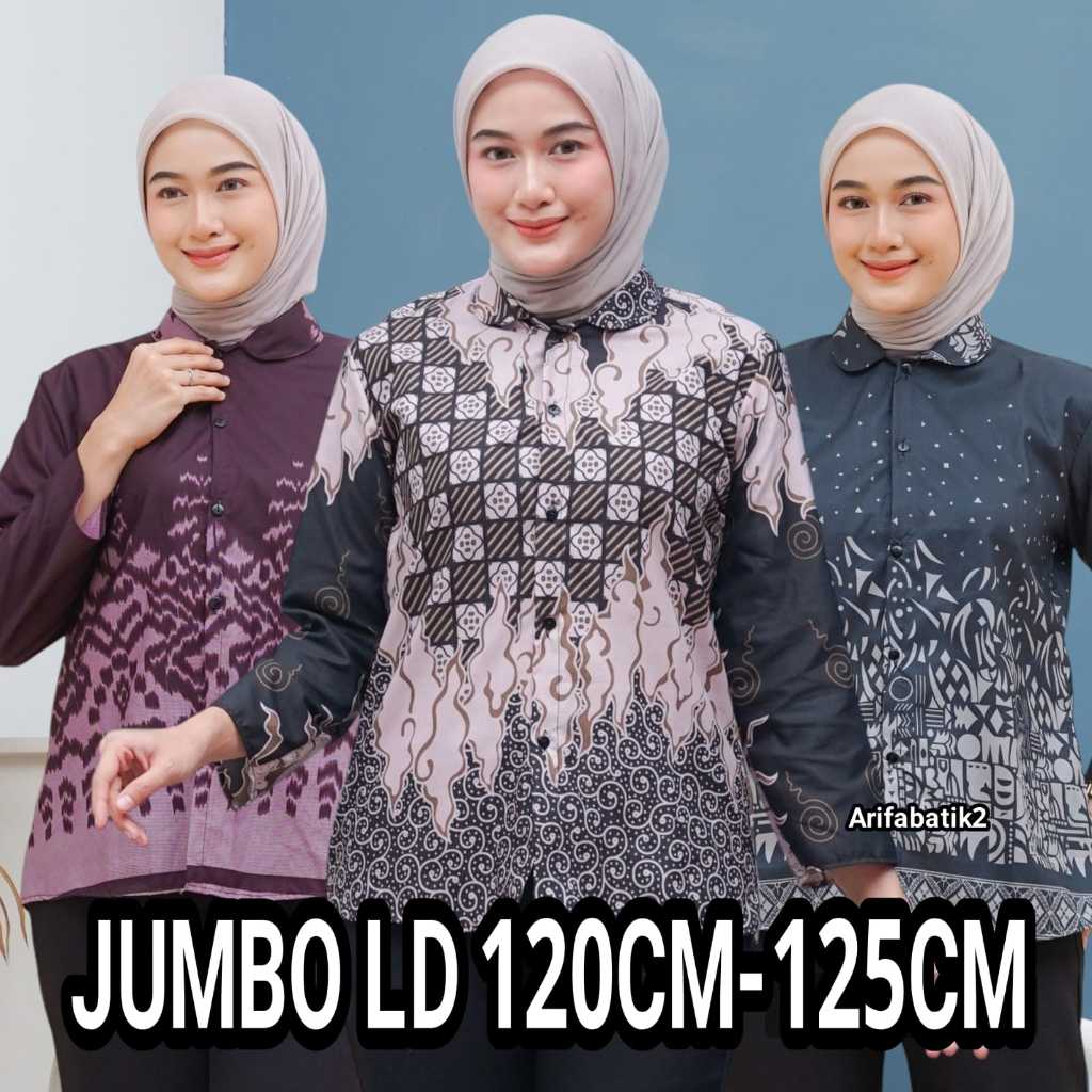 ATASAN BLUS BATIK WANITA JUMBO LD125CM. LENGAN PANJANG BERKERAH FULL KANCING.BATIK KANTOR.BATIK KERJ