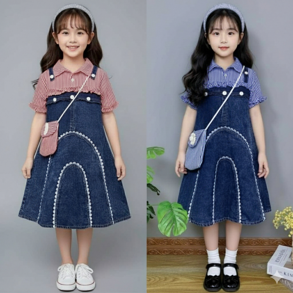 Promo Baju Midi Dress Impor Jeans Anak Perempuan 3-10 Tahun.