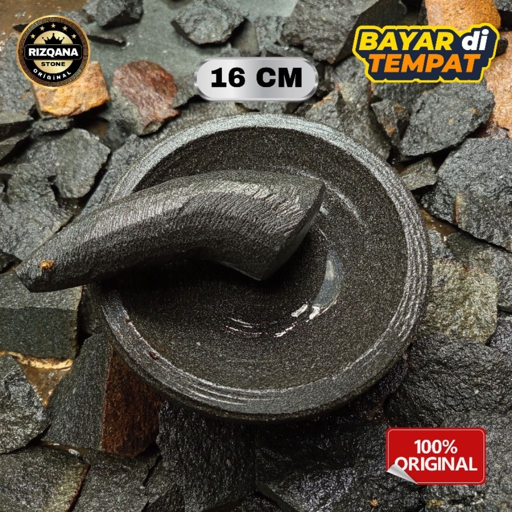 Rizqanastone Cobek Batu Asli 16 CM 1 set ulekan cocok untuk sambal Di jamin Anti ngeres / Anti Luntu