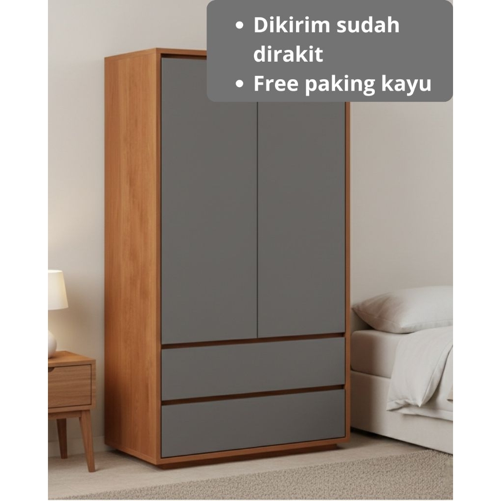 Lemari Pakaian Minimalis 2 Pintu + 2 Laci - Wardrobe Baju Modern Japandi Industrial - Lemari Kayu Es