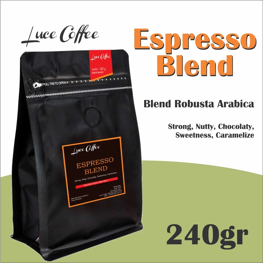 Luce Coffee, Kopi Espresso Blend Robusta Arabica 240gr - Biji sangrai arau Bubuk