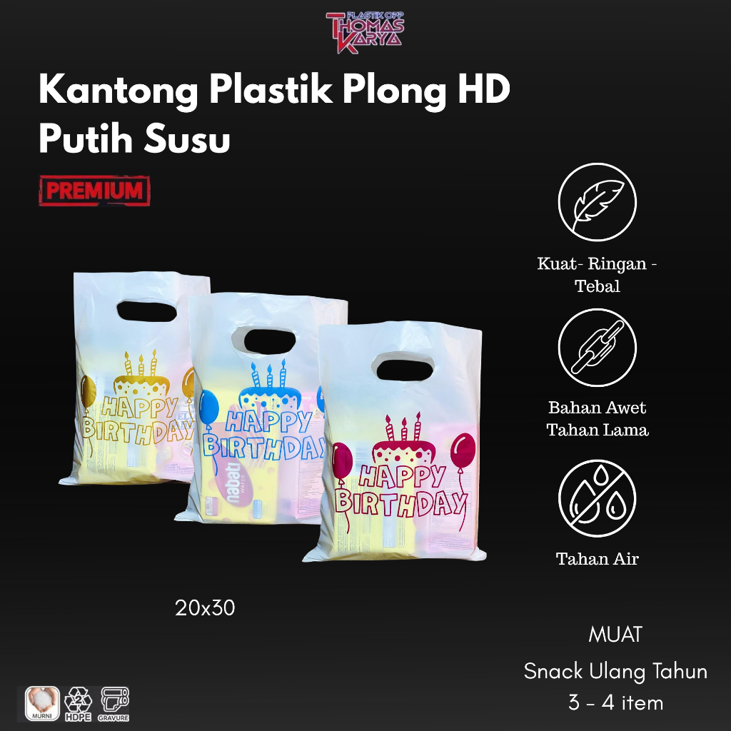 Ecer Kantong Plastik Plong HD Putih Susu 20x30 cm Motif Happy Birthday untuk Bingkisan Ulang Tahun