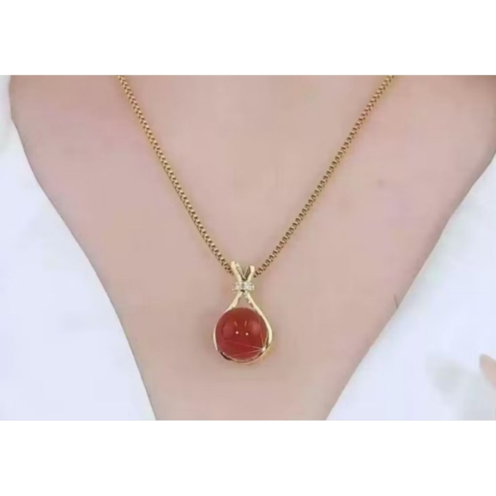 Kalung Liontin Batu Merah Natural Look titanium anti karat