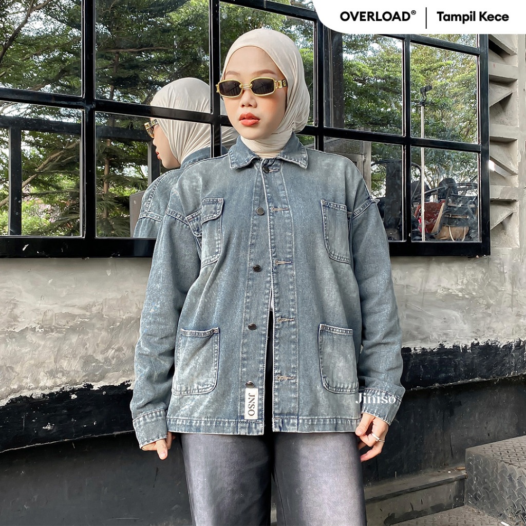 JINISO Jaket Denim Jeans Oversize WorkWear Blue Washed