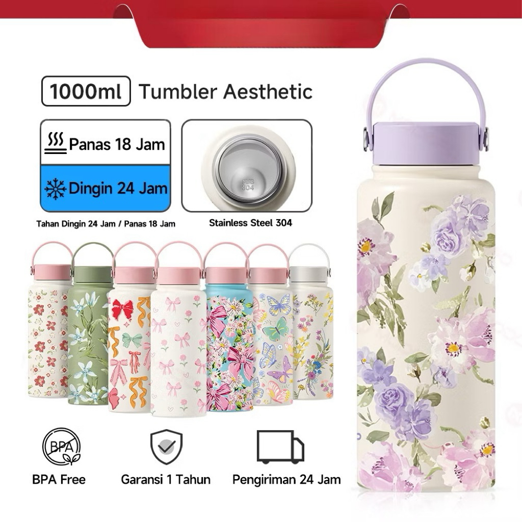 Tumbler Stainless Botol Minum Aesthetic Tumblr 1000ml Lucu Tumbler Tahan Panas Dingin 24 Jam Kopi Te