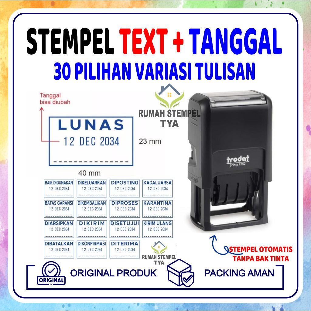 Stempel TRODAT Text + Tanggal Bulan Tahun Dibatalkan Dikirim Diperiksa Diproses Disetujui LUNAS dll
