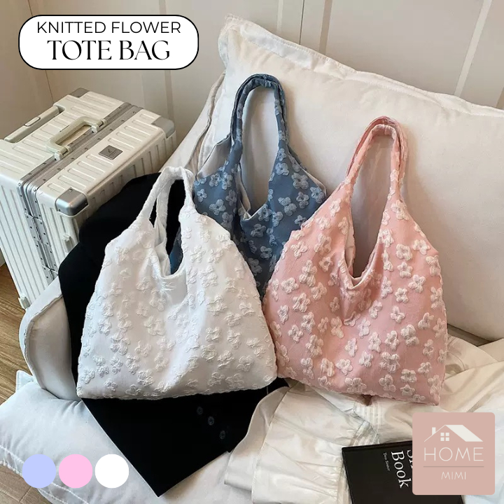 MIMI TAS BUNGA KAIN TOTEBAG WANITA KOREA SHOULED BAG KULIAH KERJA TAS RAJUT BUNGA KNITTED TOTEBAG