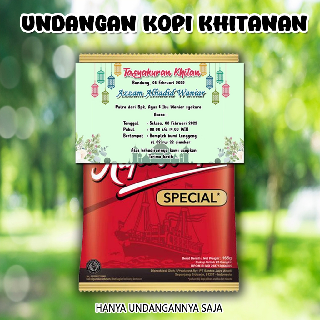 Undangan mini kopi 03 khitanan pernikahan ukuran 7.5 x 9 Cm bahan Karton BC