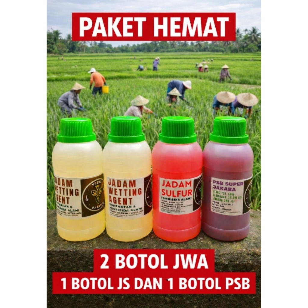 PAKET HEMAT 2 BOTOL JWA (JADAM WETTING AGENT),1 BOTOL JS (JADAM SULFUR) DAN 1 BOTOL PSB SUPER JAKABA
