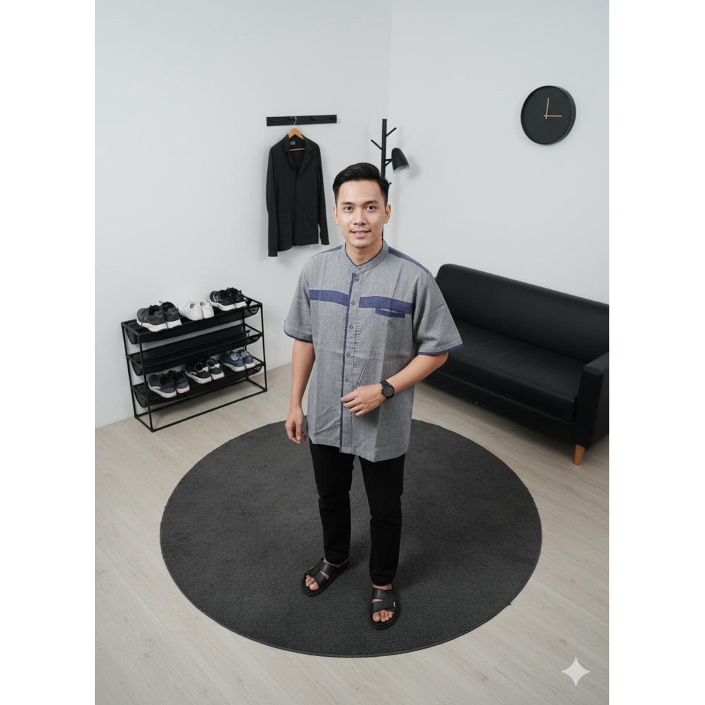 Kemeja Pria Lengan Pendek Abu Abu Kerah Shanghai Casual Formal – Kemeja Pria Kerah Shanghai Abu Leng