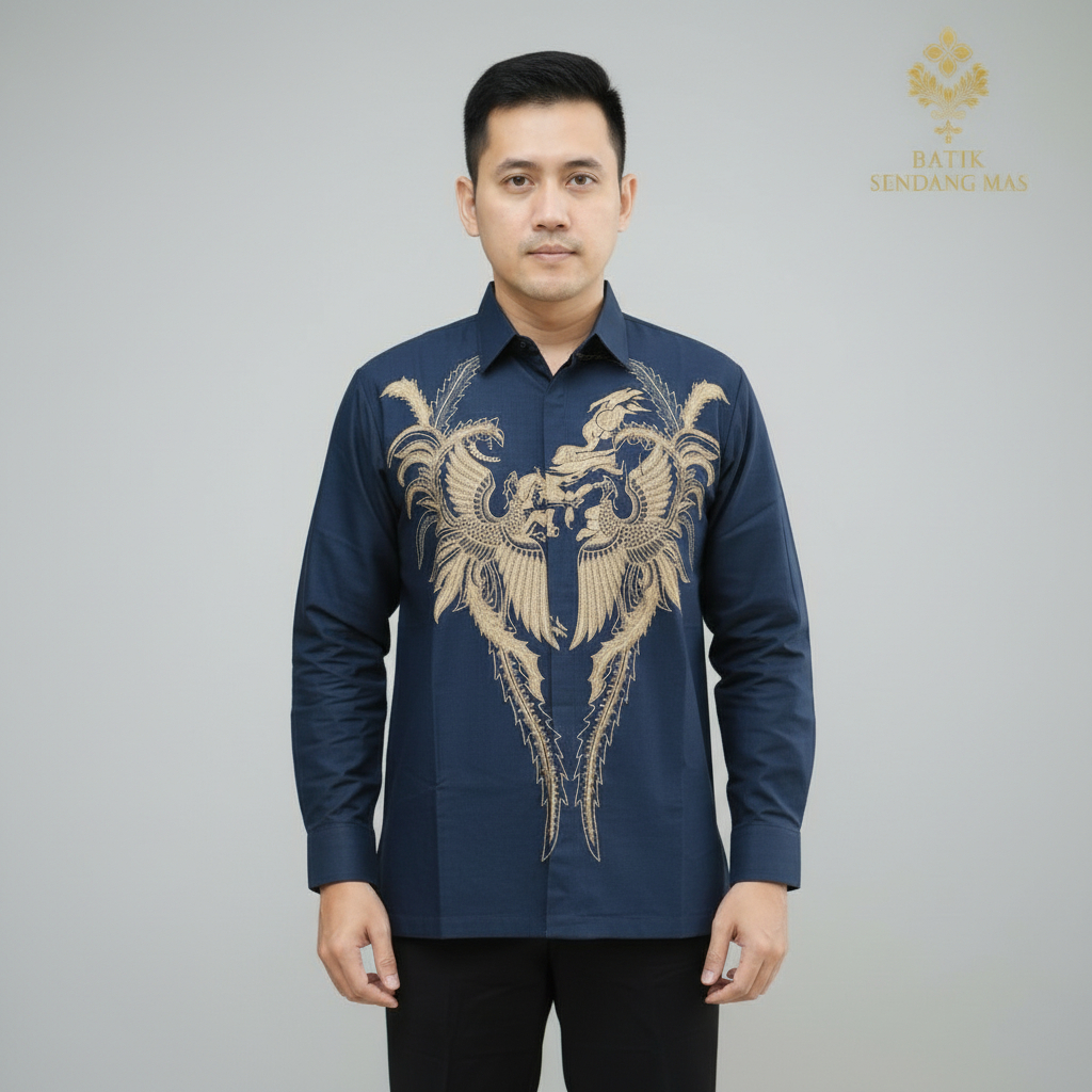 Kemeja Batik Pria Premium Lengan Panjang Katun Adem - Motif Bunga Nakula Biru - Batik Sendang Mas