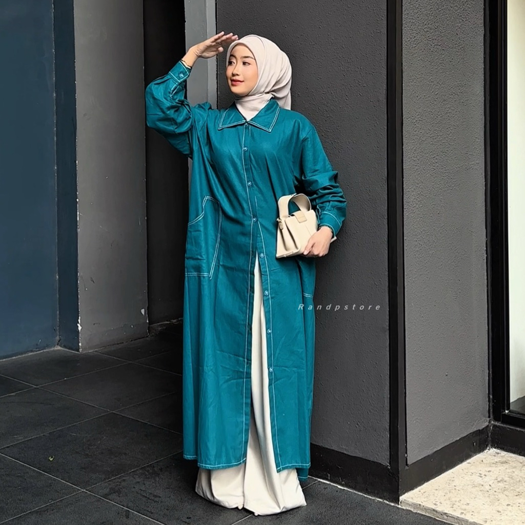 Varisha Kemeja Tunik Linen Oversize Wanita Lengan Panjang Kancing Full | Atasan Baju Muslimah Polos 
