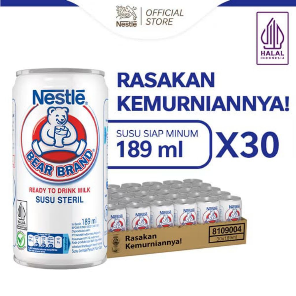 [ 1 Krat ] Susu Bear Brand Steril Siap Minum Kaleng 189ml - 30 pcs