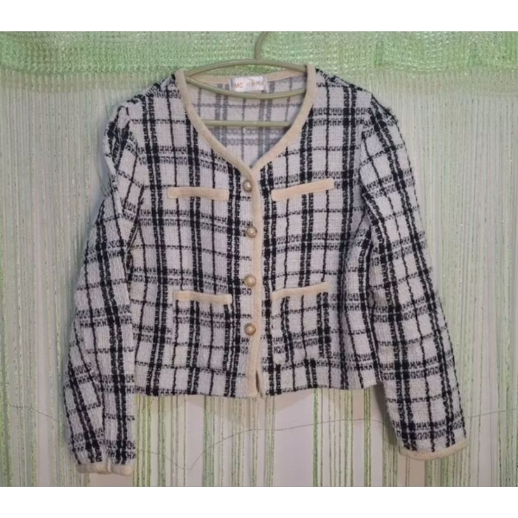 blazer wanita kotak-kotak hitam putih, outer