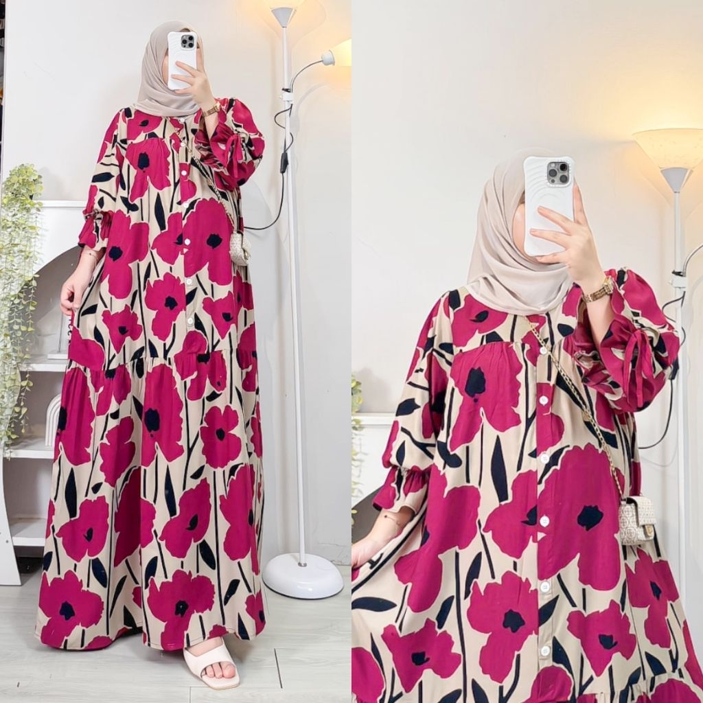 GAMIS AYANA MAXI DRESS MUSLIM  WANITA JUMBO LD 120 MOTIF RAYON PREMIUM BUSUI FRIENDLY POLOS / GAMIS 