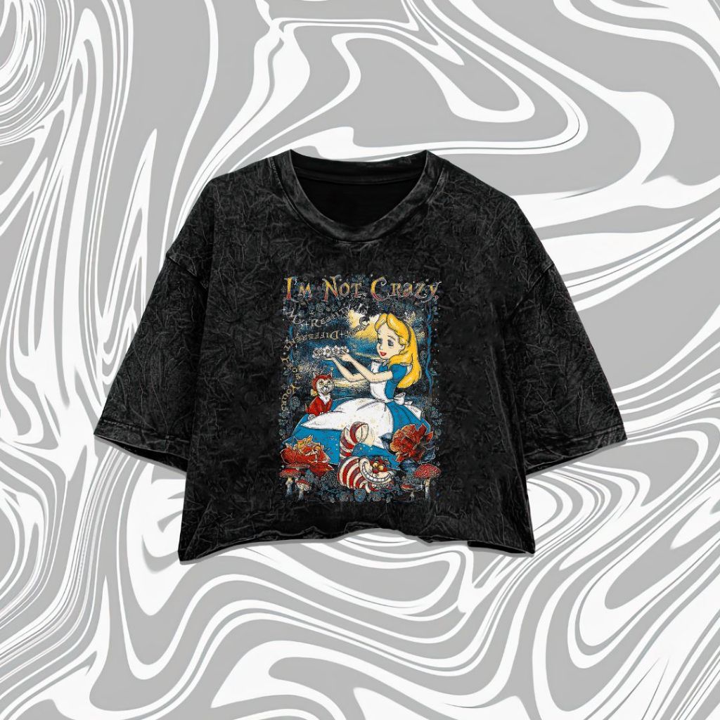 Resmora Crop Top "Alice In Wonderland" Stone Wash Oversize | Kaos Wanita | Crop Tee | COD