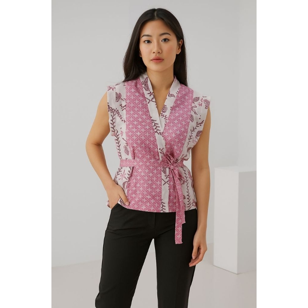 OUTER BOLERO - Outer, Rompi, Vest Batik Tali Pita Modern Tanpa Lengan Leher V, Motif Bunga