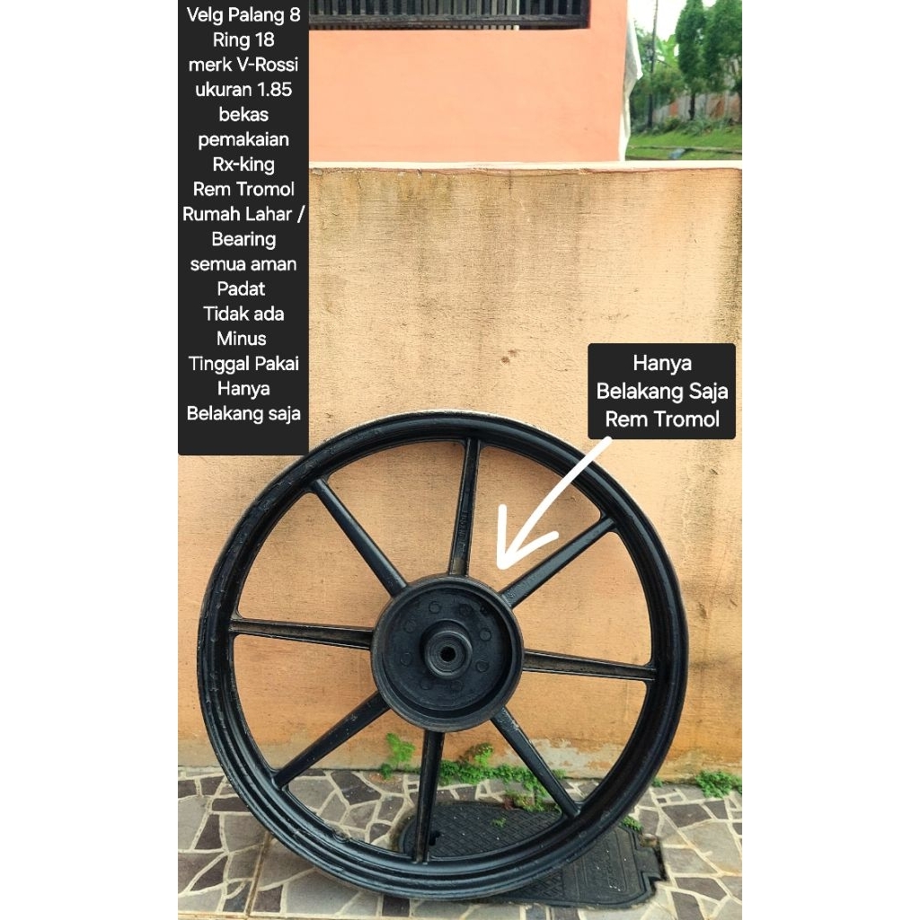 Velg Palang 8Ring 18
merk V-Rossi
ukuran 1.85
bekas pemakaian Rx-king
Pnp RzR, RxZ
Rem Tromol
Rumah 