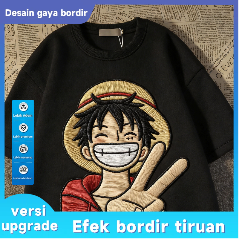 Kaos Pria Untuk Penggemar One Piece Desain Gaya Bordir Luffy - Efek Bordir Tiruan Keren