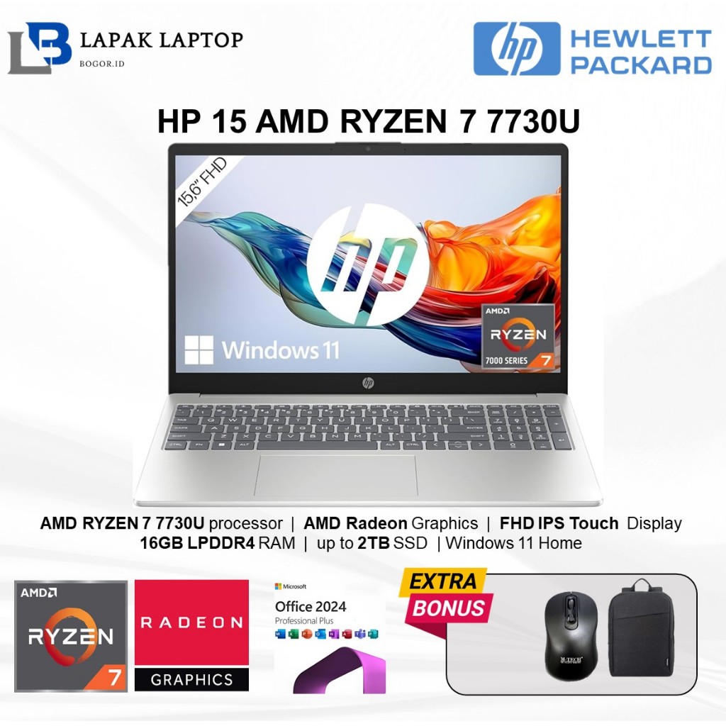 Laptop HP 15 AMD RYZEN 7 7730U RAM 32GB 1TB SSD 15 Inch Touch FHD IPS Windows 11 Home