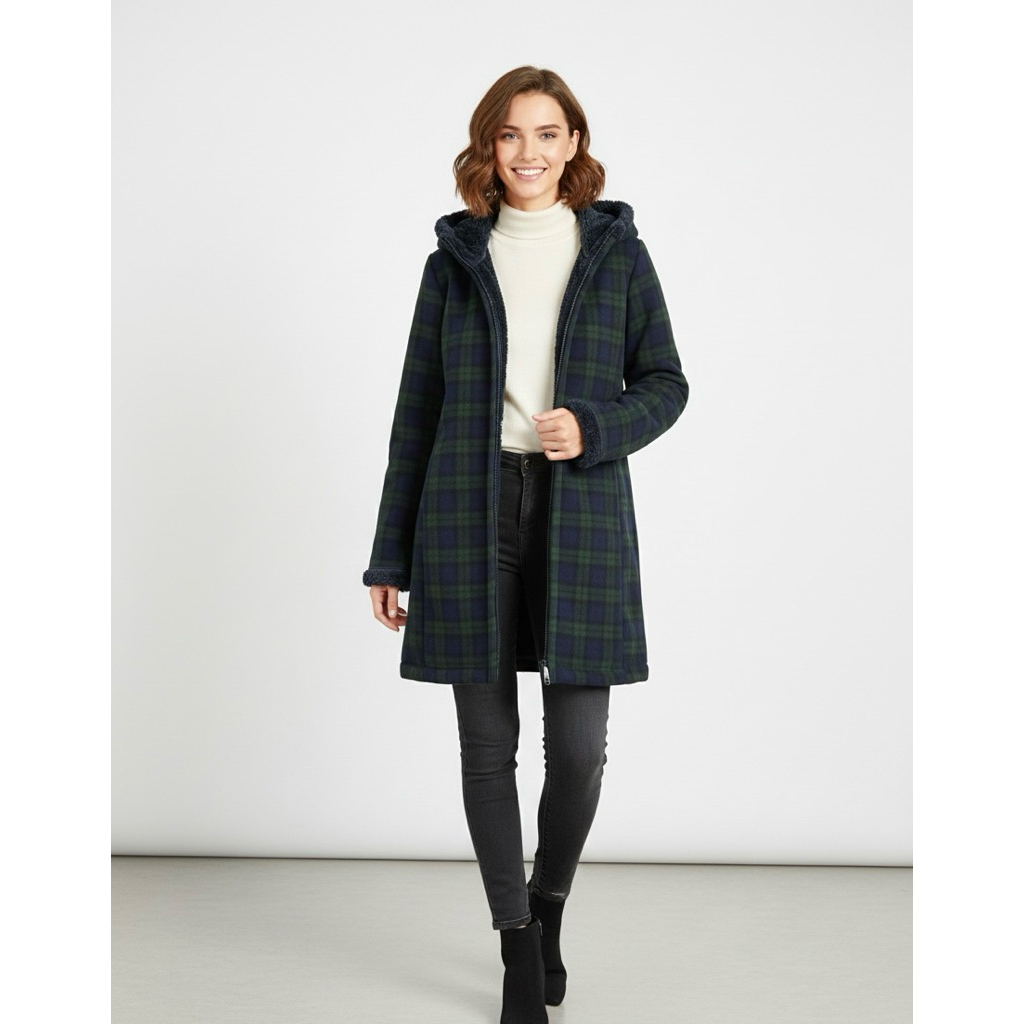 UNIQLO Fluffy Fleece Coat Wanita Hoodie Motif Kotak Navy Size S