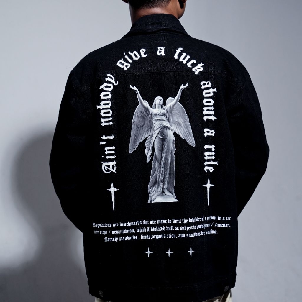 SMH Jaket Jeans Hitam - Jaket Denim Costum Gambar Tulisan Angel