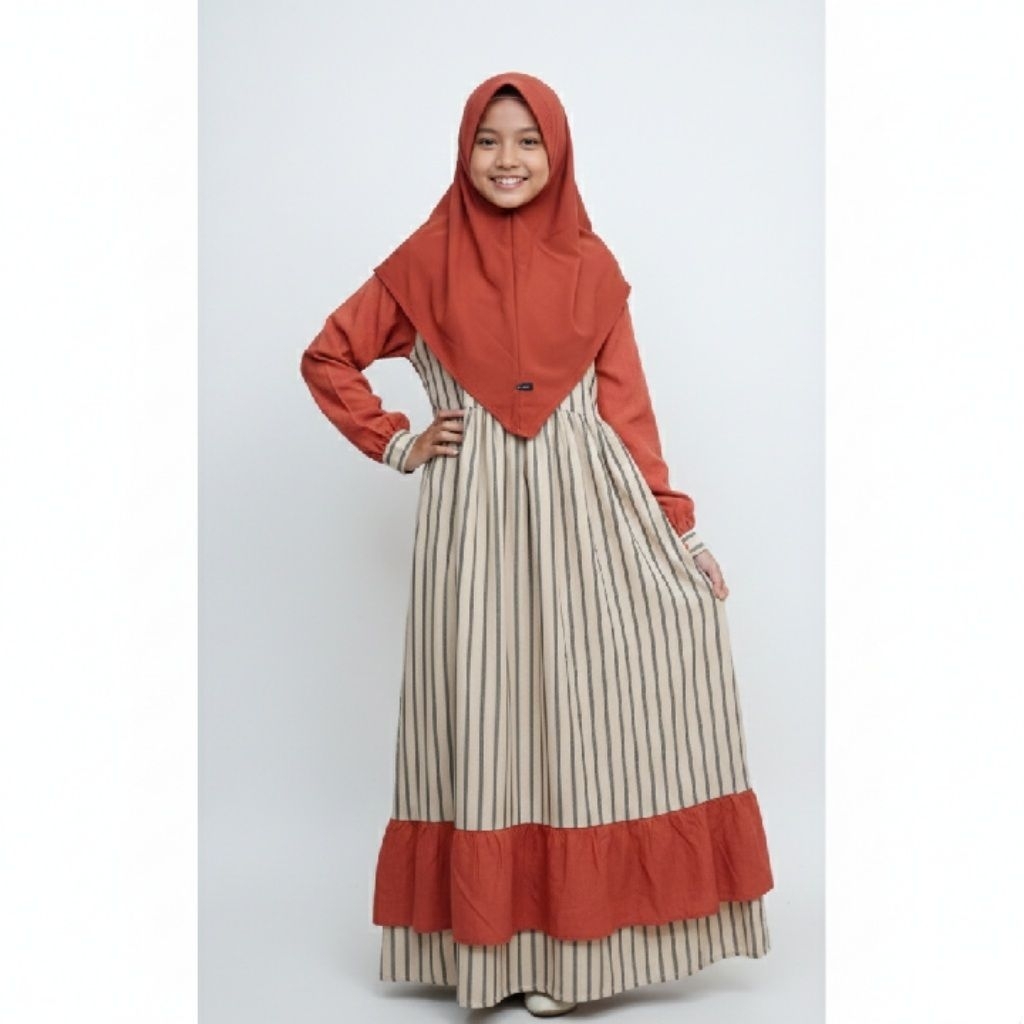 Gamis Anak Konveksi Stripe Bata + Hijab Instan