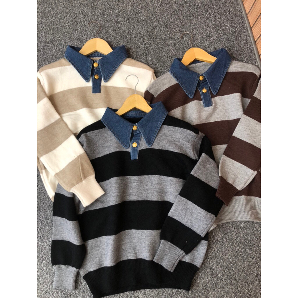 atasan wanita stripe mix jeans bahan import