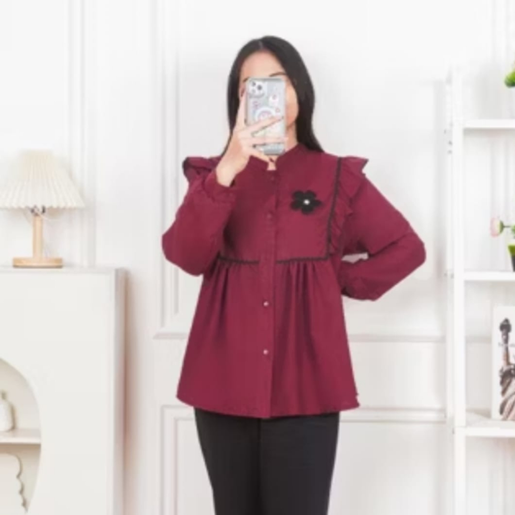 Kemeja Renda Wanita/Blouse Polos Renda Bunga