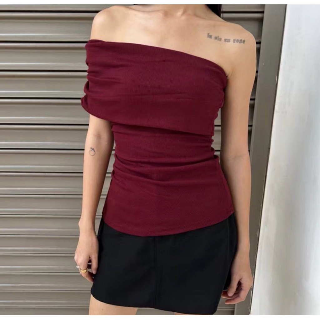 off shoulder knit top maroon