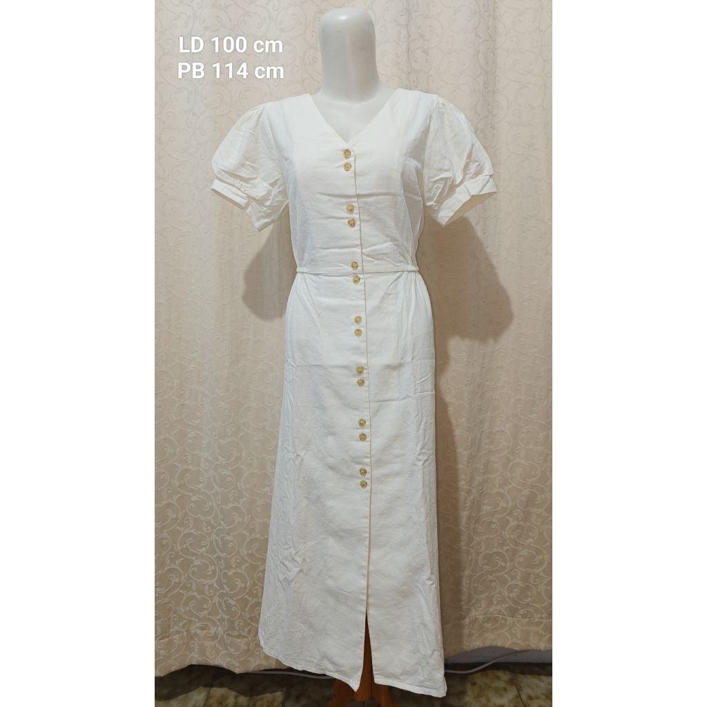 Korean Broken White Long Dress Lengan Balon
