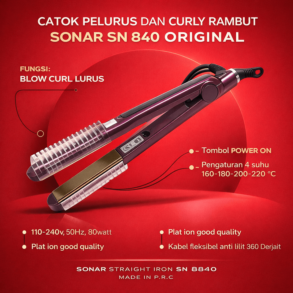 Catokan Rambut / Pelurus Rambut Original Murah Sonar  SN 840 - Catok Sonar - Straight Hair