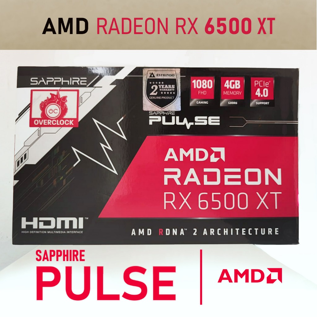 VGA Sapphire Radeon RX 6500 XT PULSE | 4GB GDDR6 | AMD RDNA2 Second (bekas)
