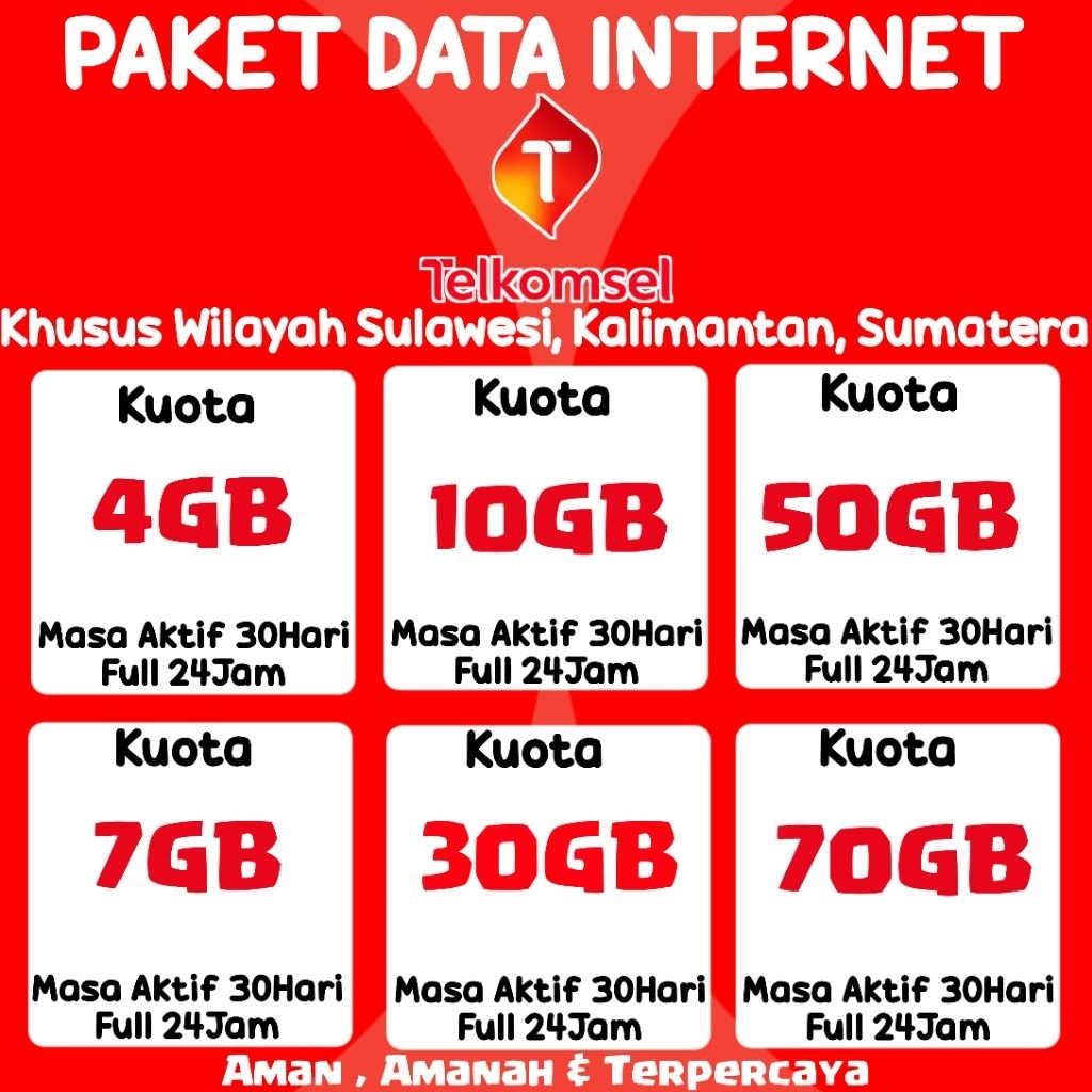 Paket Data Internet Telkomsel 24Jam Kuota Lokal Wilayah Sumatra | Sulawesi | Kalimantan | Maluku & P