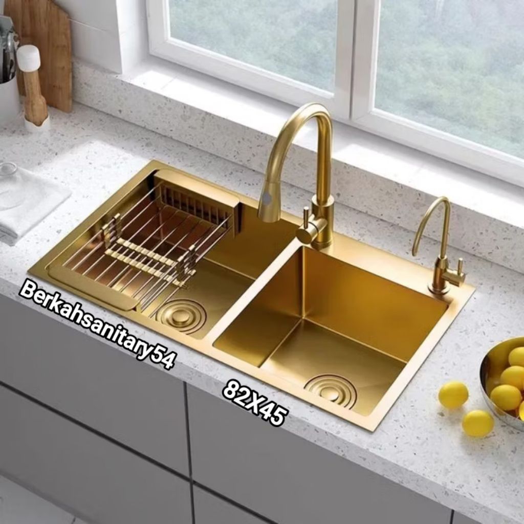 Kitchen Sink Gold 2 Lubang Ukuran 8245 Stainless Sus 304/Bak Cuci Piring 2 Lubang Gold