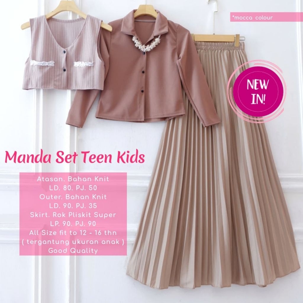 Setelan anak perempuan 3in1 baju atasan outer rok plisket anak SD tanggung remaja outfit ABG cewek M