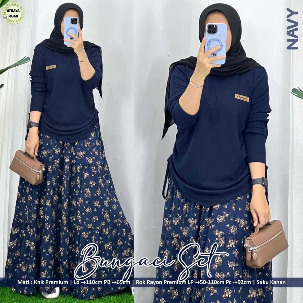 Bungaci Setelan Blouse Rok Panjang Jumbo Original ATHAYA HIJAB Knit Premium LD 110 PB 65 Rok Rayon M