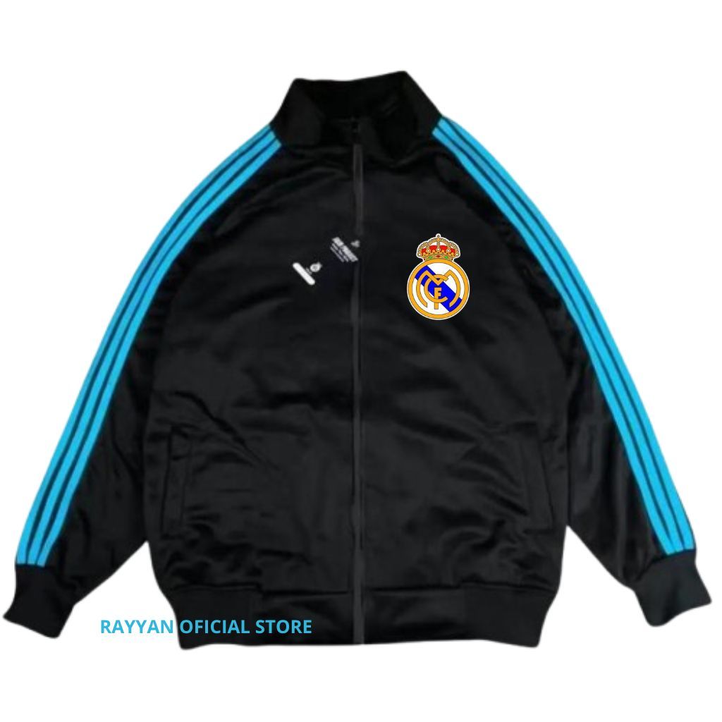Real Madrid Jacket Tracktop Unisex Footbal Club Top Eropa / Dunia Warna Hitam Motif List Tangan Biru