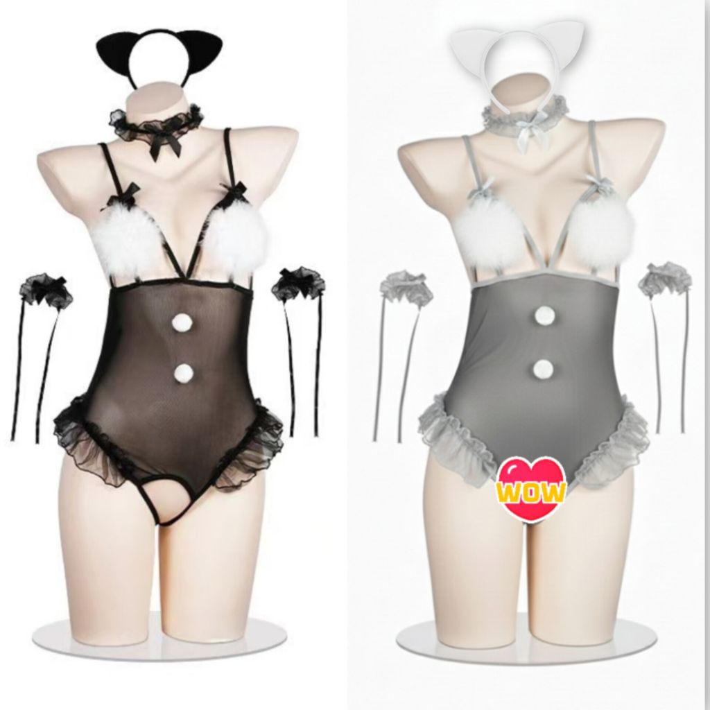 Kostum Cat Girl Cosplay Fit M-XL Set Aksesoris Bando Sexy Roleplay Kostum Kucing