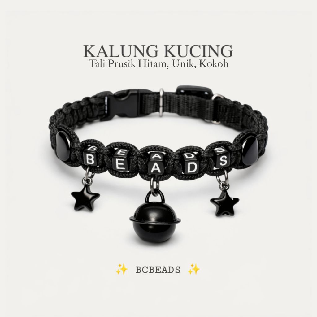 BCBeads | Custom Kalung Kucing Tali Prusik Full Hitam | Kalung Kucing Dewasa | Bisa Request Nama | K