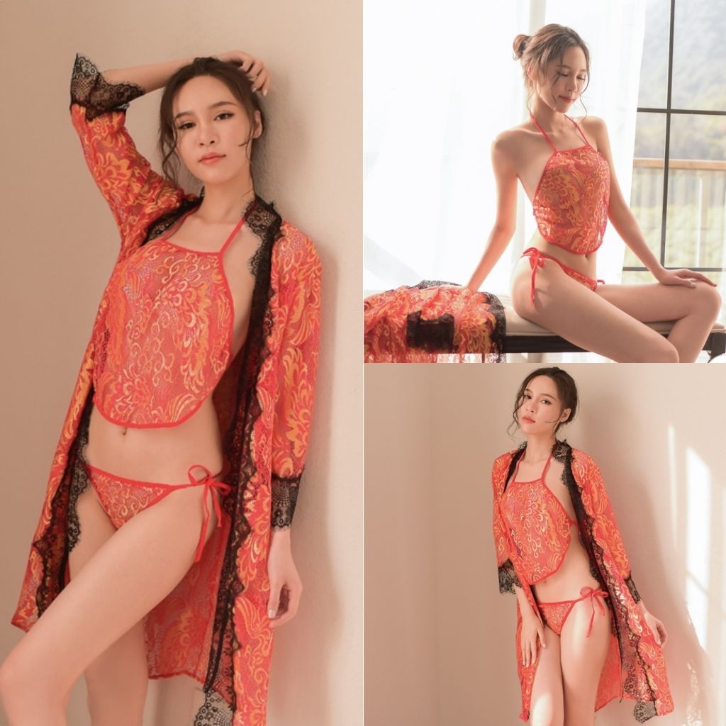 Lingerie Sexy Kimono Set Inner Outer Brokat Baju Tidur Wanita D0503RD