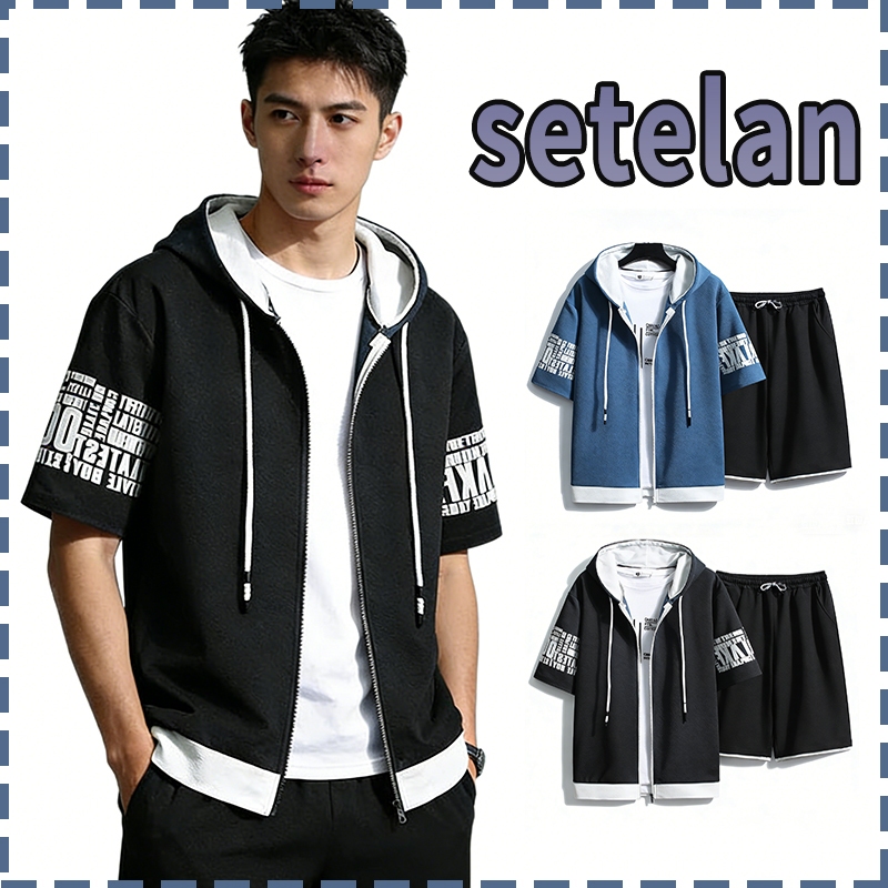 Baju setelan pria 2025 korean Baju Pantai Pria Baju celana pria baju setelan cowok kekinian lengan p
