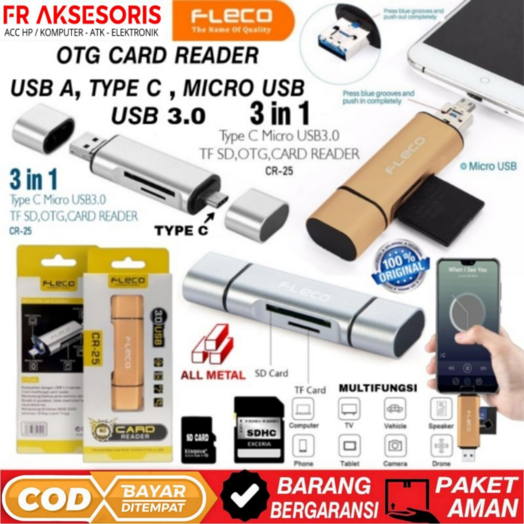 Card Reader USB 3.0 TYPE C MICRO USB FLECO CR25 OTG Card Reader 3in1Bahan METAL Original Fleco