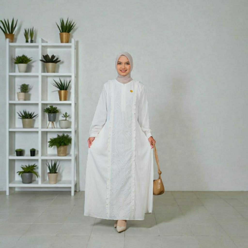 Dress Gamis Amara - Gamis Putih Tulang Polo Linen Kombinasi Katun Bolong